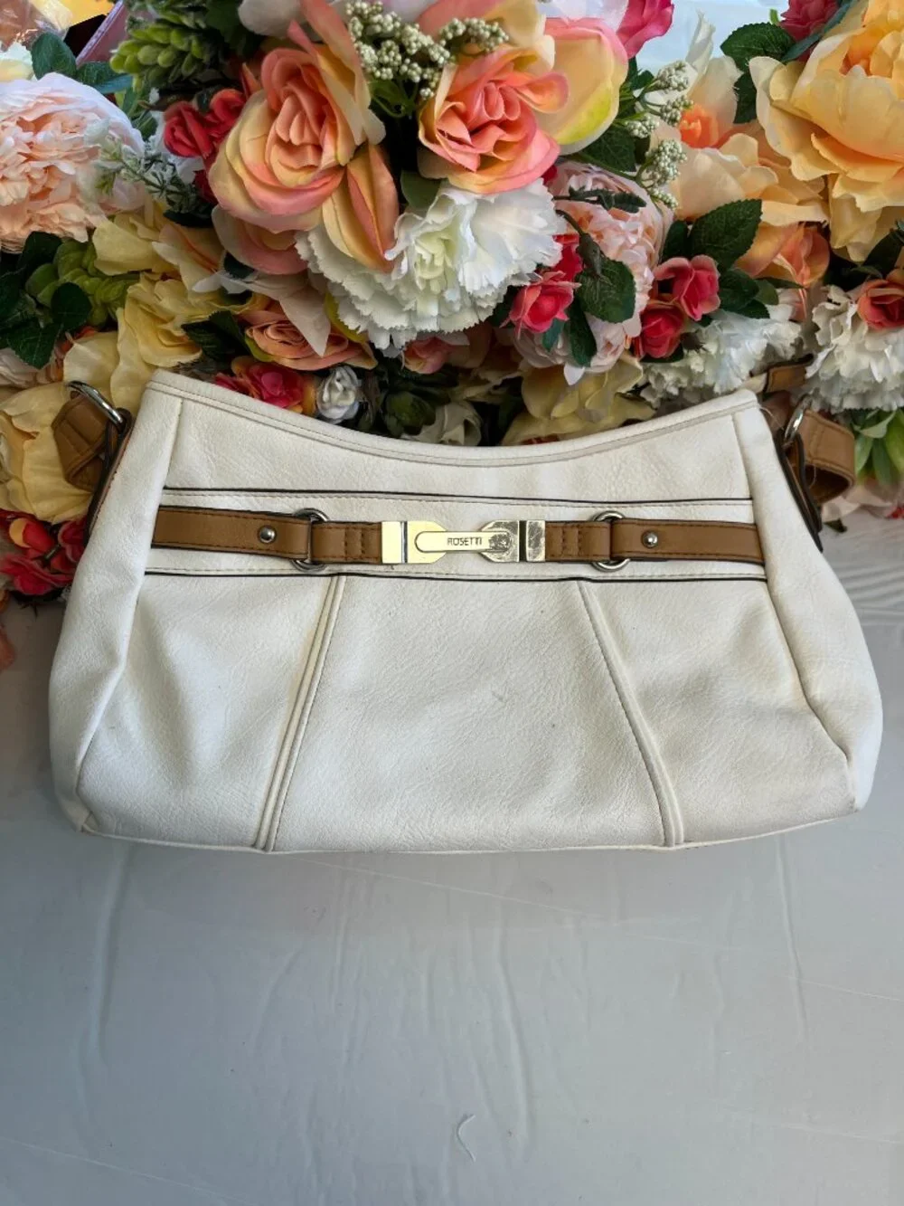 Rosetti White Tan Shoulder Bag Hobo Purse Silver Hardware